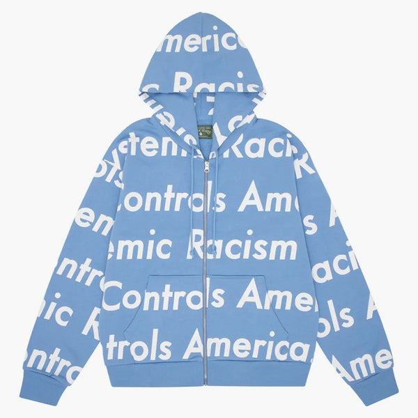 Denim Tears X Arthur Jafa Systemic Racism Controls America Zip Up Hoodie Dusty Blue