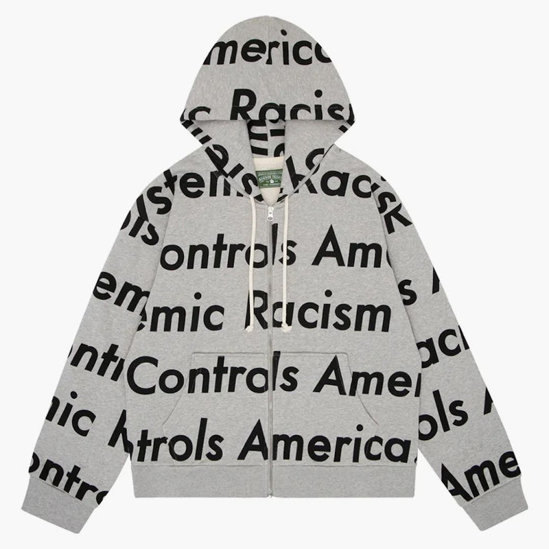 Denim Tears X Arthur Jafa Systemic Racism Controls America Zip Up Hoodie Heather Grey