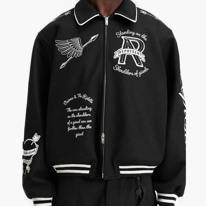 Represent Cherub Wool Varsity Jacket Jet Black Nahaufnahme vorne