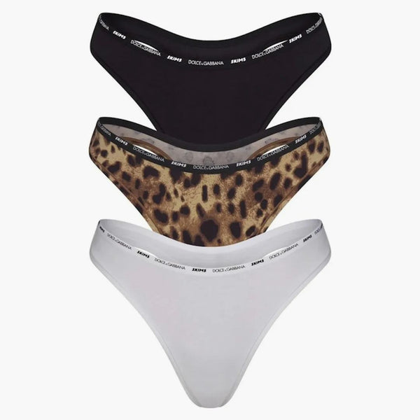 Skims X Dolce&gabbana Cotton Jersey Dipped Thong (3-pack) Leopard-multi