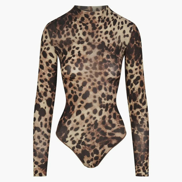 Skims X Dolce&Gabbana Milky Sheer Mock Neck Bodysuit Leopard