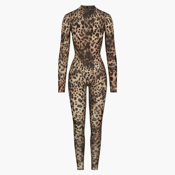 Skims X Dolce&gabbana Milky Sheer Mock Neck Catsuit Leopard