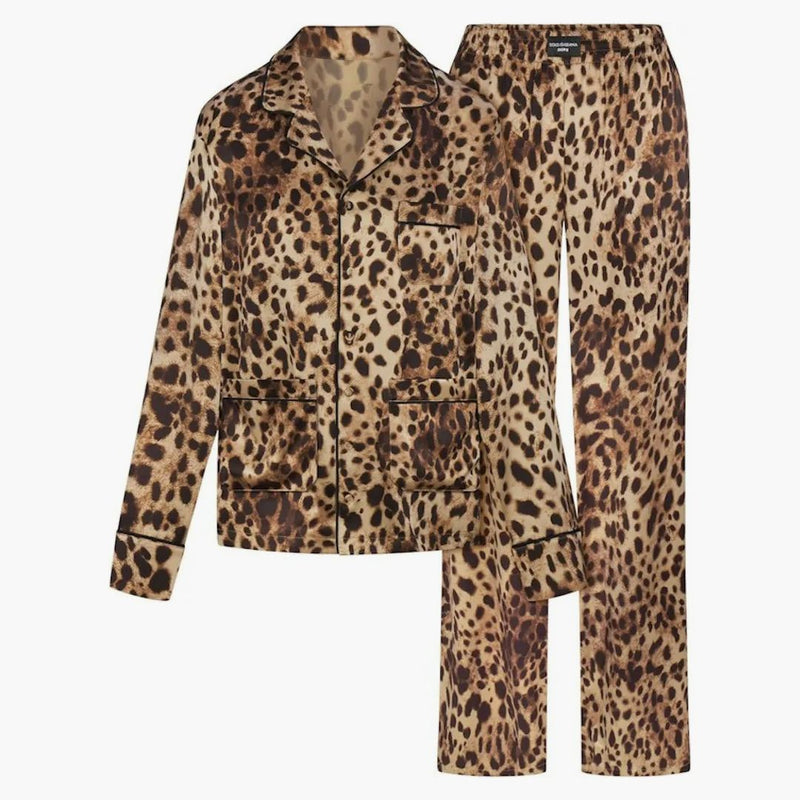 Skims X Dolce&gabbana Silk Long Sleeve Sleep Set Leopard