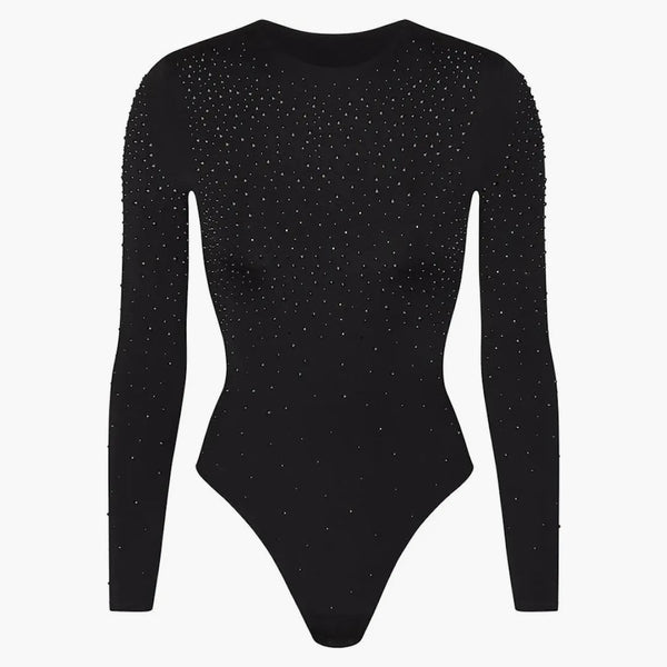 Skims X Swarovski Jelly Sheer Long Sleeve Crew Neck Bodysuit Onyx