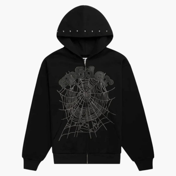 Sp5der Og Web Studded Zip Hoodie Black